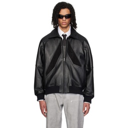 Black Applique Leather Jacket 241776M181000