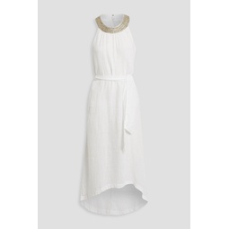 Belted embellished linen midi dress