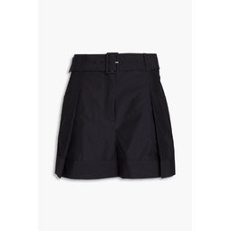Pleated belted cotton-blend poplin shorts