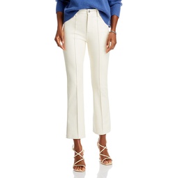 High Rise Cropped Faux Leather Slim Kick Flare Jeans in Cream