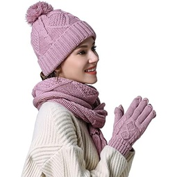 Winter Hat Gloves Scarf Set Women, Beanie with Pom Touchscreen Gloves Warm Knit Long Scarf 3 in 1 Set Gift for Women