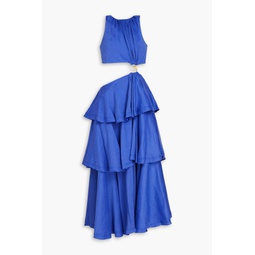 Embellished tiered cutout linen-blend midi dress
