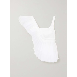 AJE. Orbit cropped pleated linen-blend and organza top