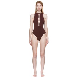 Brown Corset One-Piece Swimsuit 222483F103001