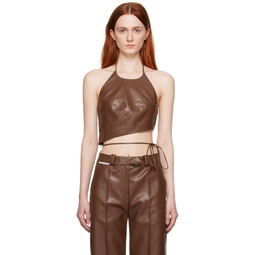 Brown Halter Faux Leather Tank Top 231081F111004