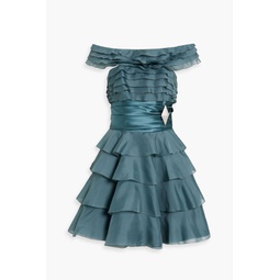 Off-the-shoulder tiered silk-organza and satin mini dress