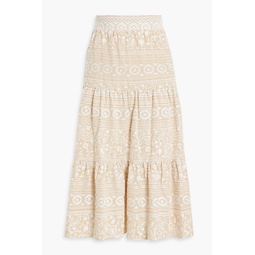 Reise tiered embroidered cotton midi skirt