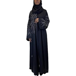 Modest Black Islamic Women Open Abaya Long Sleeve Dubai Design With Head Scarf