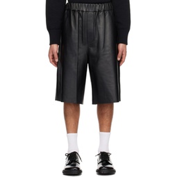 Black Elasticized Waistband Leather Shorts 241482M193015
