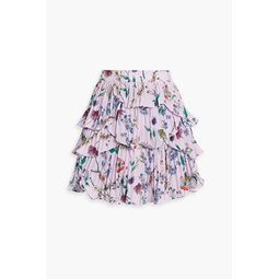 Ruffled pleated floral-print chiffon mini skirt