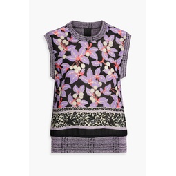 Floral-print crepe and jacquard-knit vest