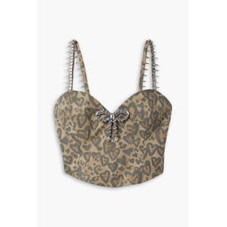 Cropped embellished leopard-print denim bustier top