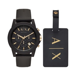 Mens Chronograph Black Silicone Strap Watch 45mm Gift Set