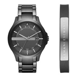 Mens Black Stainless Steel Bracelet Watch Gift Set 46mm