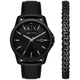 Mens Three-Hand Day-Date Quartz Black Leather Watch 44mm and Black Stainless Steel Bracelet Set
