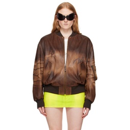 Brown Relaxed Fit Leather Bomber Jacket 241129F064016