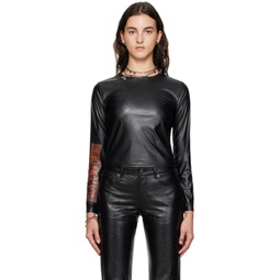 Black Crewneck Faux-Leather Long Sleeve T-Shirt 232129F110038