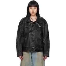 Black Crinkled Leather Jacket 232129F064009