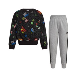 Little Boys Long Sleeve Printed Crewneck Pullover and Joggers 2 Piece Set