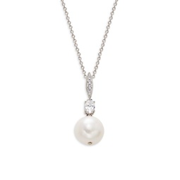 Rhodium Plated, 10MM Freshwater Pearl & Cubic Zirconia Pendant Necklace