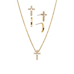 3-Piece 18K Goldplated, Cubic Zirconia Studs & Cross Pendant Necklace Set