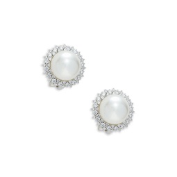 White Rhodium Plated, Faux Pearl & Cubic Zirconia Stud Earrings