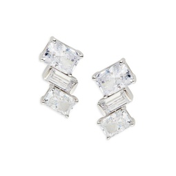 Rhodium Plated Sterling Silver & Cubic Zirconia Jazz Angled Stud Earrings