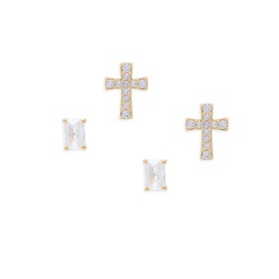 Set of 2 18K Goldplated & Cubic Zirconia Cross Studs Earrings Set
