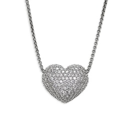 Rhodium Plated & Cubic Zirconia Puffy Heart Pendant Necklace