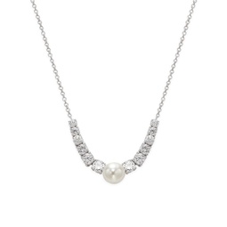 Rhodium Plated, 5MM Simulated Pearl & Cubic Zirconia Bar Necklace