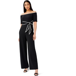 Adrianna Papell Off-the-Shoulder Knit Crepe Tie Waist Jumpsuit