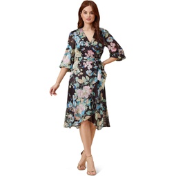 Adrianna Papell Printed Floral Chiffon Wrap Dress with Ruffle Hem