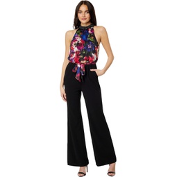 Womens Adrianna Papell Mock Neck Printed Floral Halter Jumpsuit with Solid Black Bottom