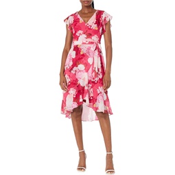 Adrianna Papell Printed Floral Chiffon Side Wrap Dress with Cascade Ruffle