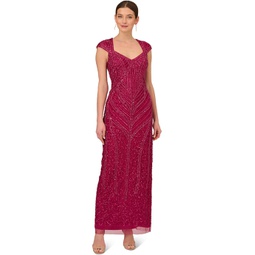 Womens Adrianna Papell Cap Sleeve Beaded Mod Column Gown with Sweetheart Neckline