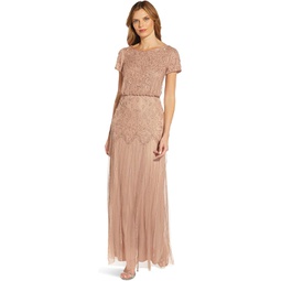 Adrianna Papell Boat Neck Short Sleeve Blouson Beaded Gown