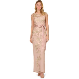 Womens Adrianna Papell Cascading Floral Embroidered Long Column Gown