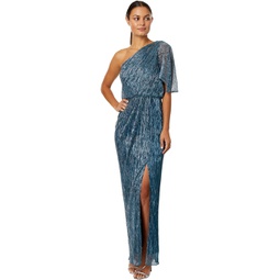 Womens Adrianna Papell Crinkle Metallic Mesh One Shoulder Column Gown