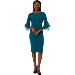 Womens Adrianna Papell Stretch Knit Crepe Sheath Dress with Tiered Organza Bell Sleeve