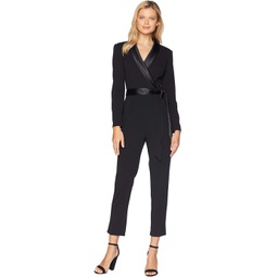 Adrianna Papell Knit Crepe Wrap Top Jumpsuit with Long Sleeves, Slim Pants, and Stretch Charmeuse Collar