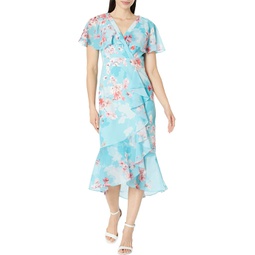 Adrianna Papell Printed Floral Flutter Sleeve Dress with Cascade & Ruffle Hem