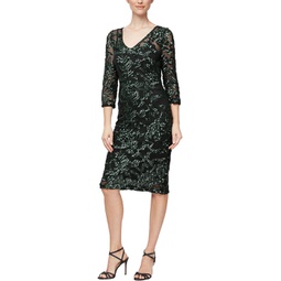 Alex Evenings Short V-Neck Sheath Dress with Illusion Neckline and 3/4 Sleeves