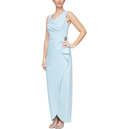 Alex Evenings Slimming Long Side Ruched Dress with Cascade Ruffle Skirt