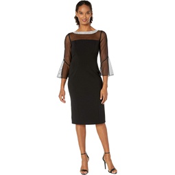 Alex Evenings Short Shift Dress with Beaded Illusion Neckline and Bell Sleeves