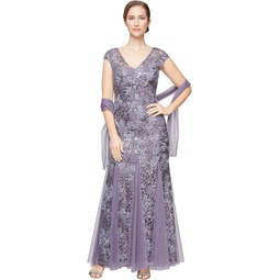 Alex Evenings Long Embroidered Fit-and-Flare Dress with Godet Detail Skirt and Shawl