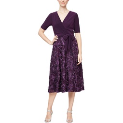 Womens Alex Evenings Tea-Length Dress with Rosette Lace