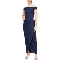 Womens Alex Evenings Long Compression Off-the-Shoulder Dress with Hip Embellishment