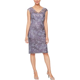 Womens Alex Evenings Short Embroidered Sheath Dress with Cap Sleeves and V-Neckline