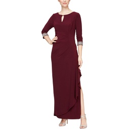 Womens Alex Evenings Long A-Line Dress with Embellished Sleeves and Neckline