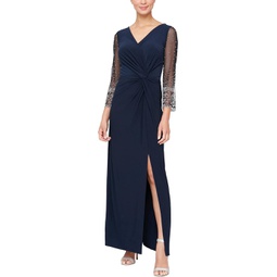 Womens Alex Evenings Long Surplice Neckline Dress w/ Embellished Illusion Sleeves, Knot Front